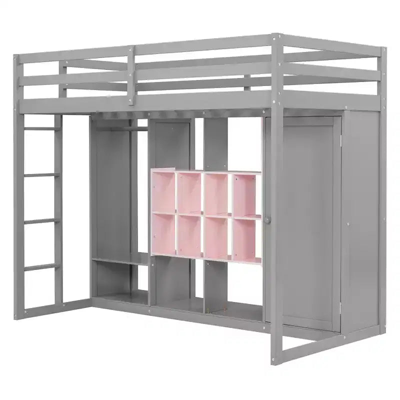 Twin/Full Size Wood Loft Bed with Wardrobe, Colorful Shelves & Cabinet, Reversible Staircase - ModernLuxe