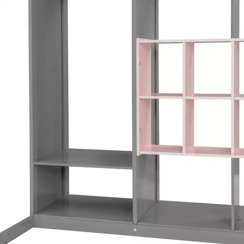 Twin/Full Size Wood Loft Bed with Wardrobe, Colorful Shelves & Cabinet, Reversible Staircase - ModernLuxe
