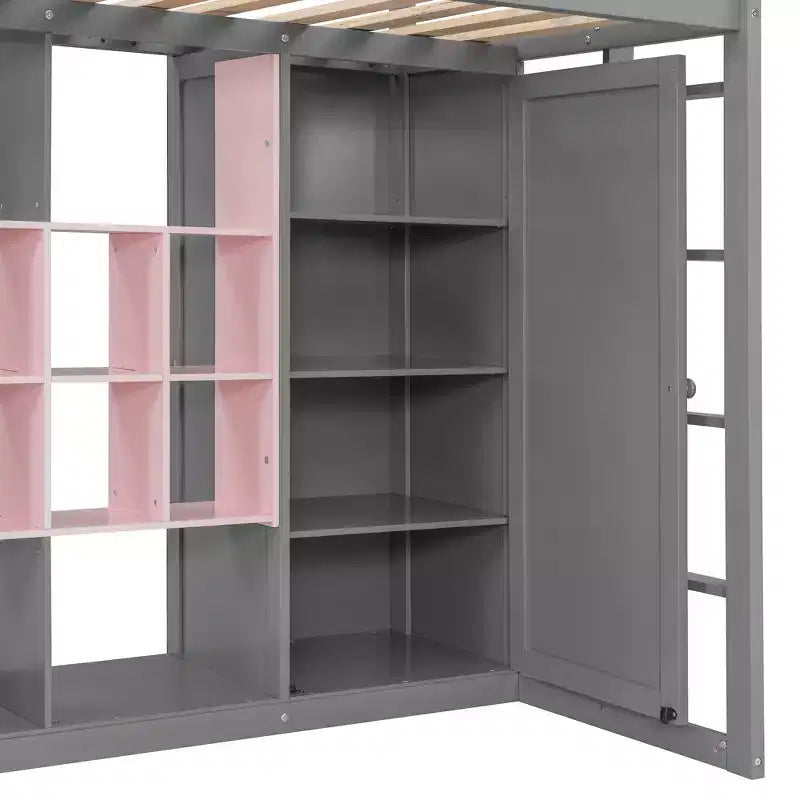 Twin/Full Size Wood Loft Bed with Wardrobe, Colorful Shelves & Cabinet, Reversible Staircase - ModernLuxe