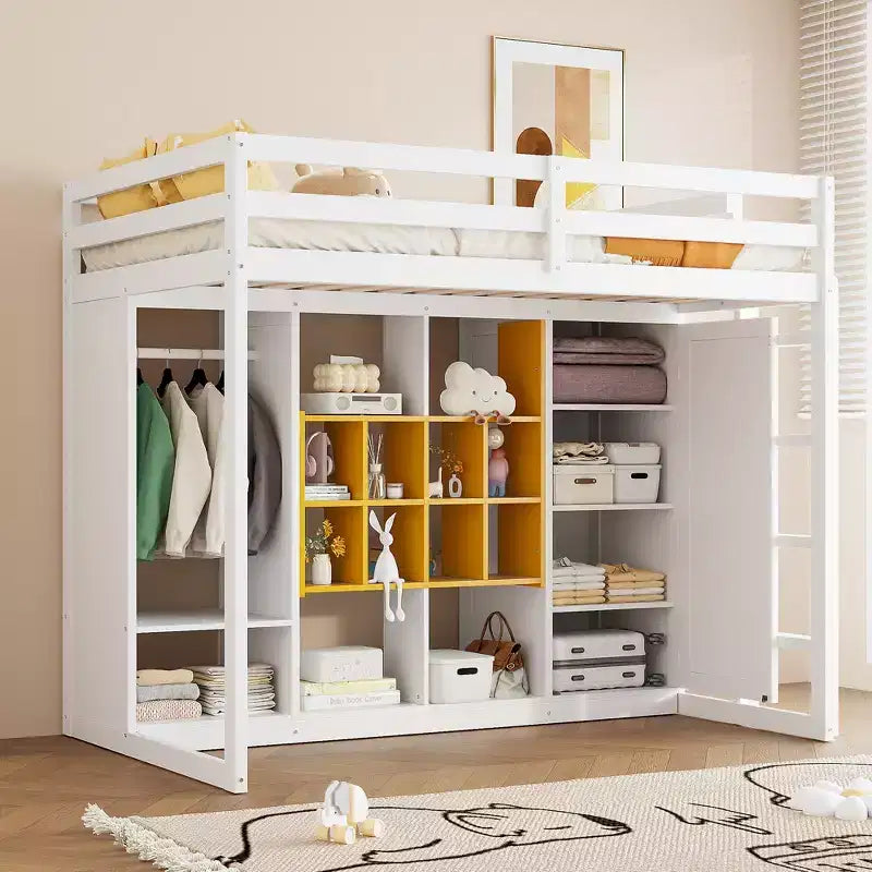 Twin/Full Size Wood Loft Bed with Wardrobe, Colorful Shelves & Cabinet, Reversible Staircase - ModernLuxe