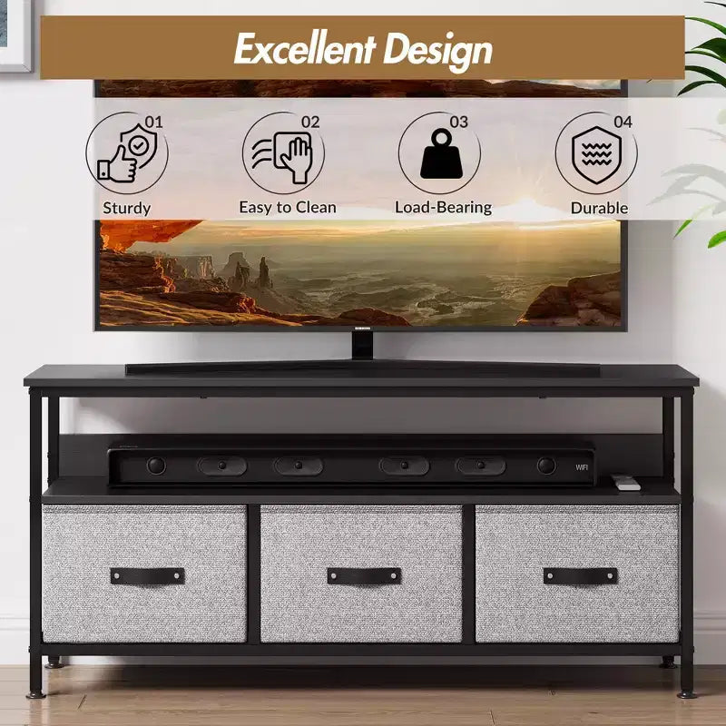 Meuble TV 55 po avec rangement - Meuble TV moderne avec tiroirs et étagères pour salon et chambre à coucher
