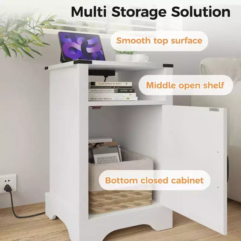 Table de chevet RoyalCraft style ferme avec station de recharge, table d'appoint rustique avec étagère et rangement pour chambre à coucher ou bureau à domicile, blanc