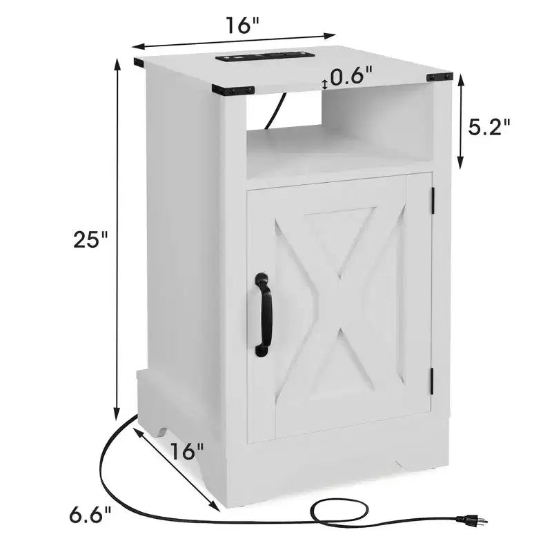 Table de chevet RoyalCraft style ferme avec station de recharge, table d'appoint rustique avec étagère et rangement pour chambre à coucher ou bureau à domicile, blanc