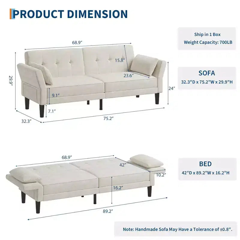 Canapé-lit futon convertible GustoWave 89 - Dossier et accoudoirs réglables pour salon, chambre ou appartement