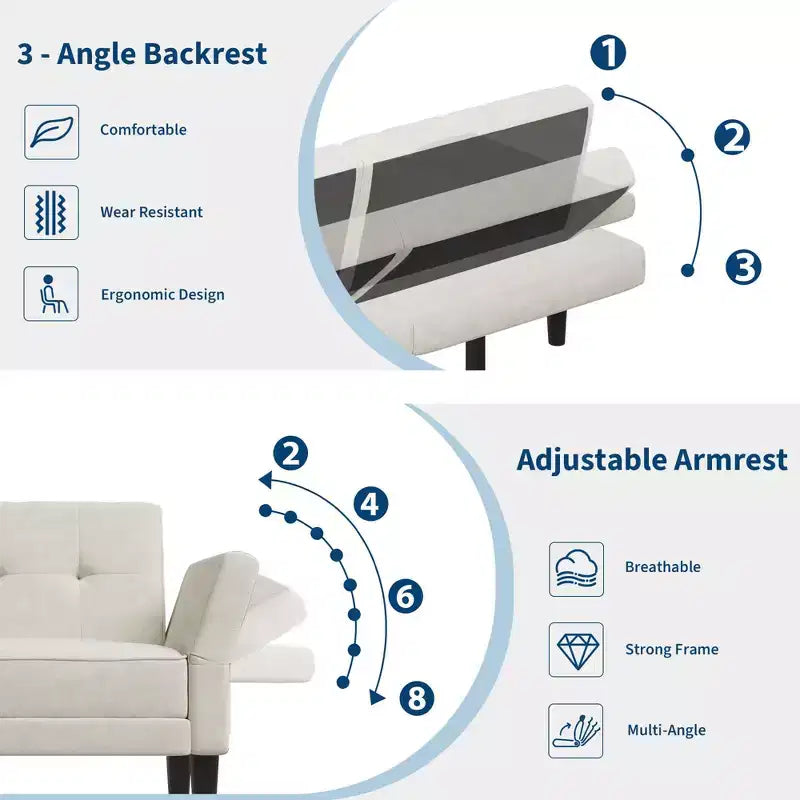Canapé-lit futon convertible GustoWave 89 - Dossier et accoudoirs réglables pour salon, chambre ou appartement