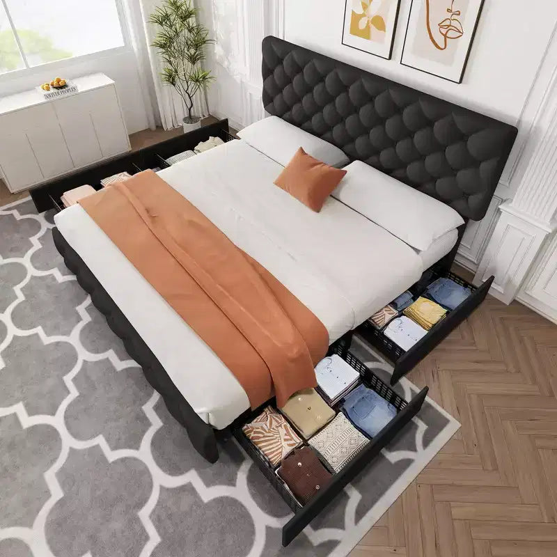 Struttura letto King Size con piattaforma, testiera regolabile e 4 cassetti contenitore