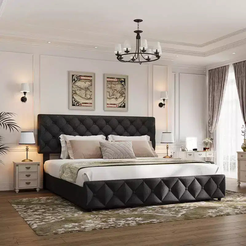 Struttura letto King Size con piattaforma, testiera regolabile e 4 cassetti contenitore
