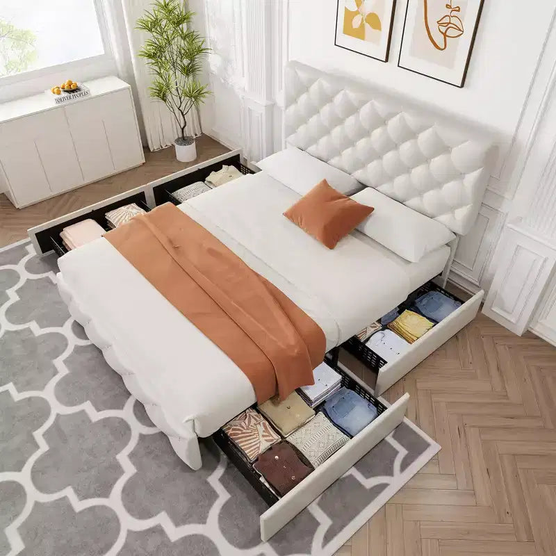 Struttura letto King Size con piattaforma, testiera regolabile e 4 cassetti contenitore
