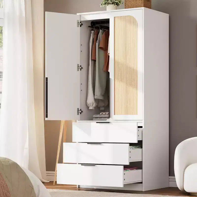 Armadio Guardaroba da 176,5 cm con 3 Cassetti, Ante in Rattan e Asta Appendiabiti