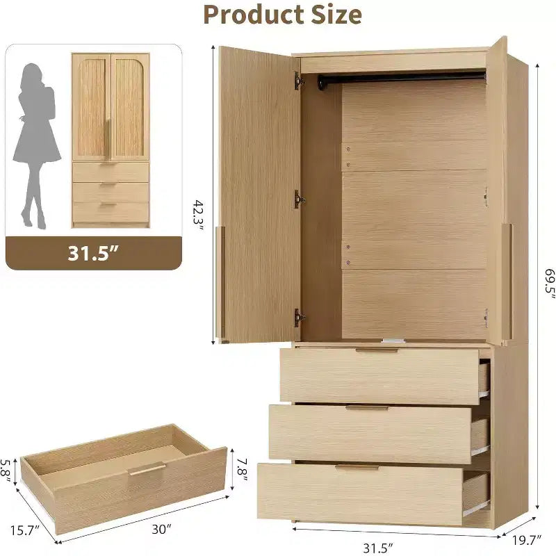 Armadio Guardaroba da 176,5 cm con 3 Cassetti, Ante in Rattan e Asta Appendiabiti