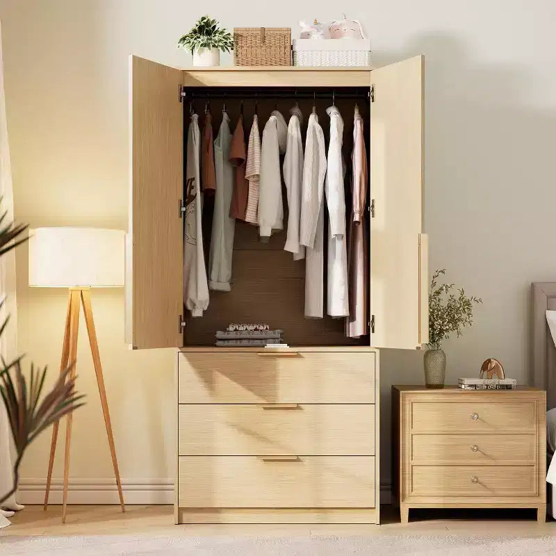 Armadio Guardaroba da 176,5 cm con 3 Cassetti, Ante in Rattan e Asta Appendiabiti
