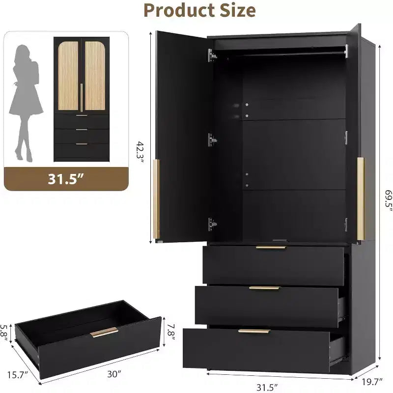 Armadio Guardaroba da 176,5 cm con 3 Cassetti, Ante in Rattan e Asta Appendiabiti