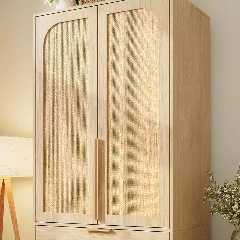Armadio Guardaroba da 176,5 cm con 3 Cassetti, Ante in Rattan e Asta Appendiabiti