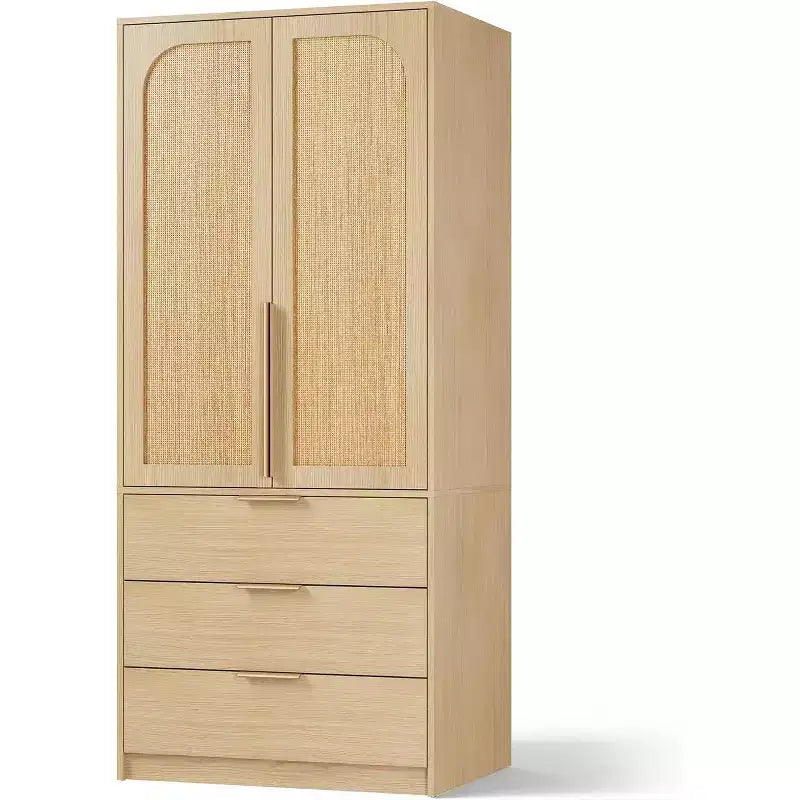 Armadio Guardaroba da 176,5 cm con 3 Cassetti, Ante in Rattan e Asta Appendiabiti