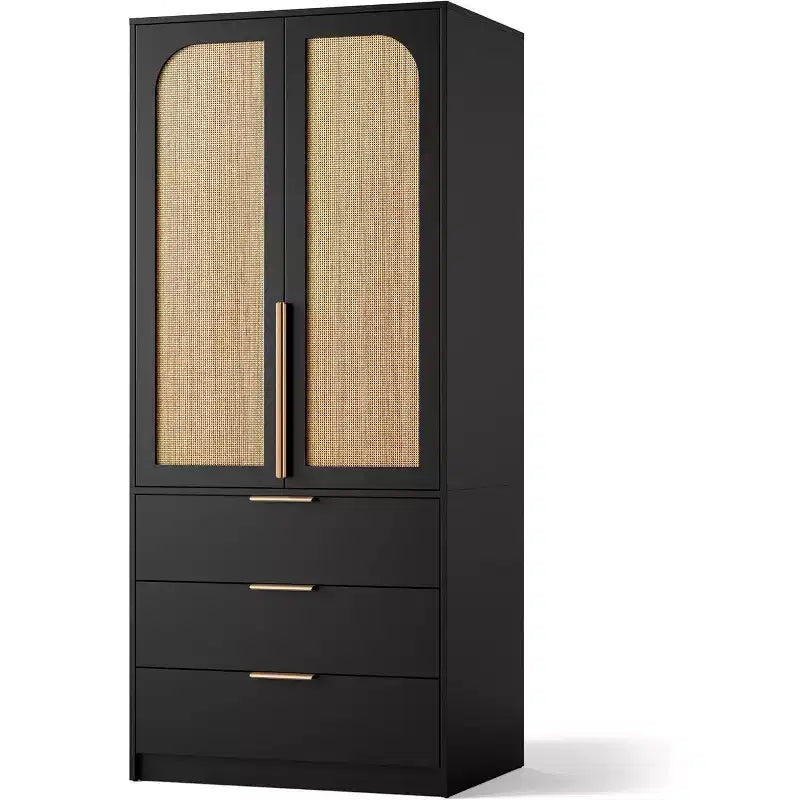 Armadio Guardaroba da 176,5 cm con 3 Cassetti, Ante in Rattan e Asta Appendiabiti