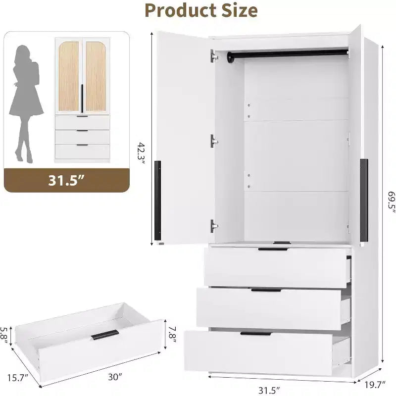 Armadio Guardaroba da 176,5 cm con 3 Cassetti, Ante in Rattan e Asta Appendiabiti