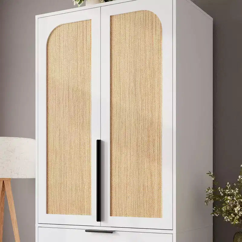 Armadio Guardaroba da 176,5 cm con 3 Cassetti, Ante in Rattan e Asta Appendiabiti