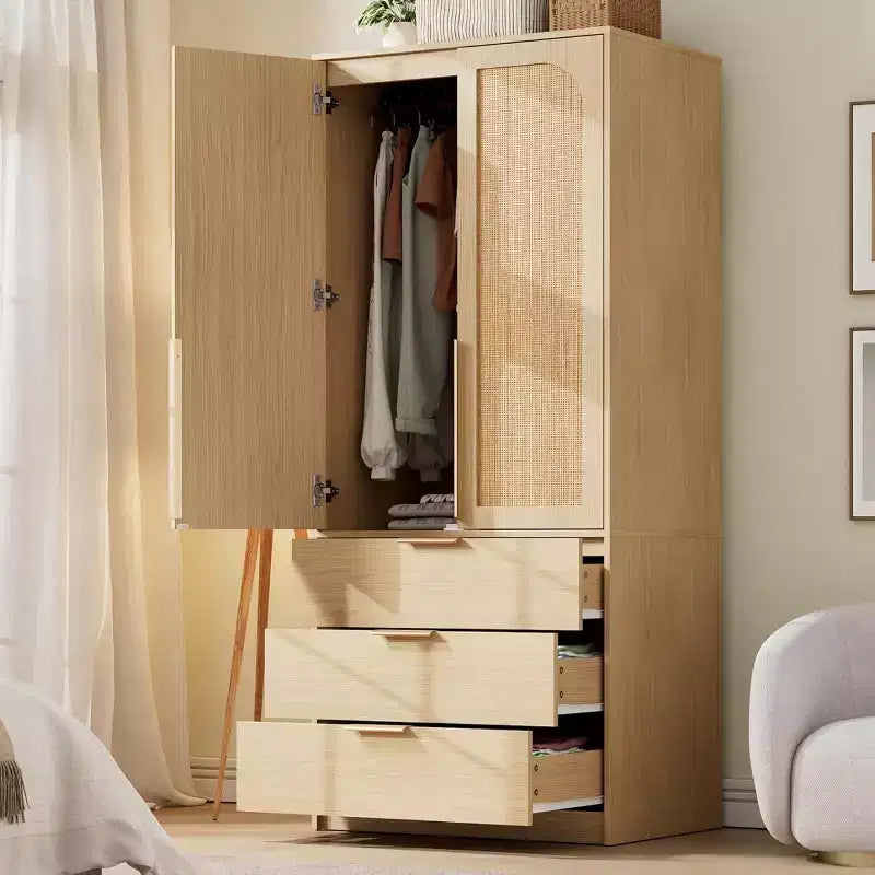 Armadio Guardaroba da 176,5 cm con 3 Cassetti, Ante in Rattan e Asta Appendiabiti