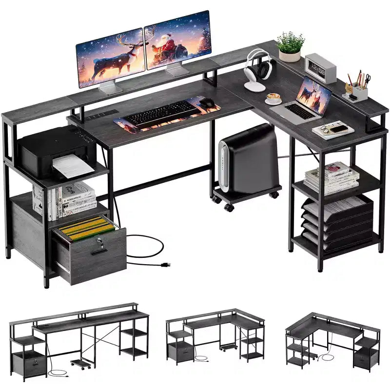 L-Shaped Desk Computer Desk - 76'' Reversible Office/Corner/Gaming Desk with File Drawer, Power Outlet, Monitor Shelf (Grey Oak)