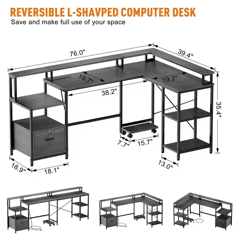 Scrivania a L da 76 pollici con cassetto portadocumenti, presa di corrente e ripiano per monitor (grigio)