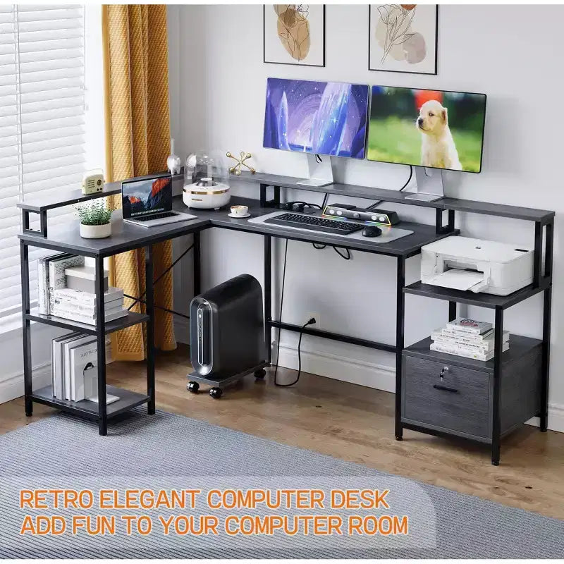 Scrivania a L da 76 pollici con cassetto portadocumenti, presa di corrente e ripiano per monitor (grigio)