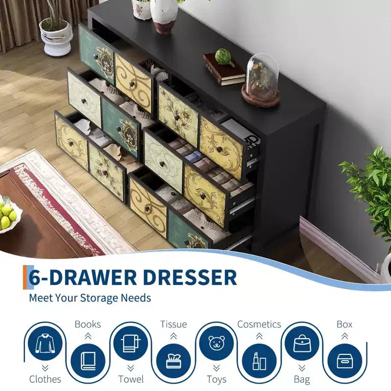 TROPOW 6 Drawers Dresser for Bedroom, Wood Rustic Chest of Drawers with Metal Handle, Retro Floral Pattern Drawer, Farmhouse Dresser