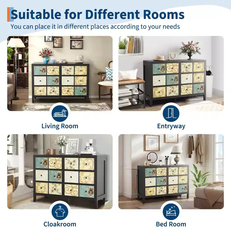 TROPOW 6 Drawers Dresser for Bedroom, Wood Rustic Chest of Drawers with Metal Handle, Retro Floral Pattern Drawer, Farmhouse Dresser