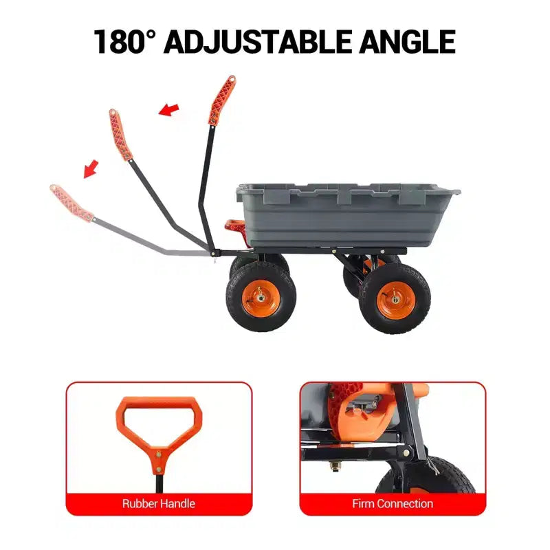 Heavy Duty Yard Cart - 800Lbs Capacity 4-Wheel Wheelbarrow w/10in All-Terrain Tires, 180 Rotating Handle (Gray)