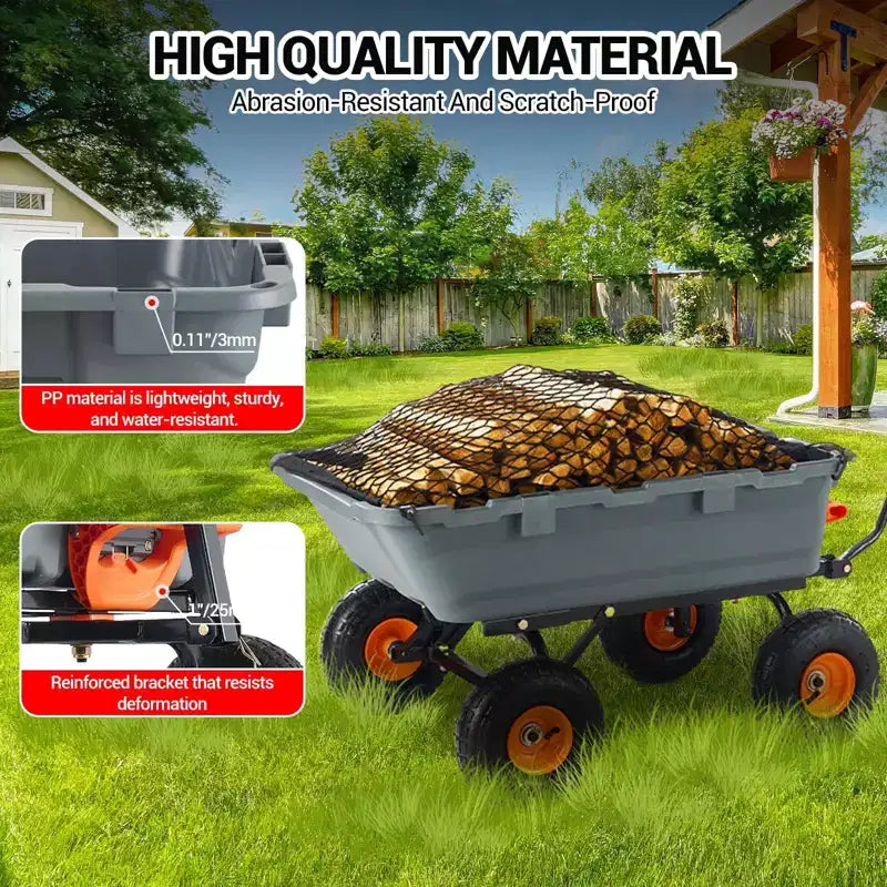 Heavy Duty Yard Cart - 800Lbs Capacity 4-Wheel Wheelbarrow w/10in All-Terrain Tires, 180 Rotating Handle (Gray)