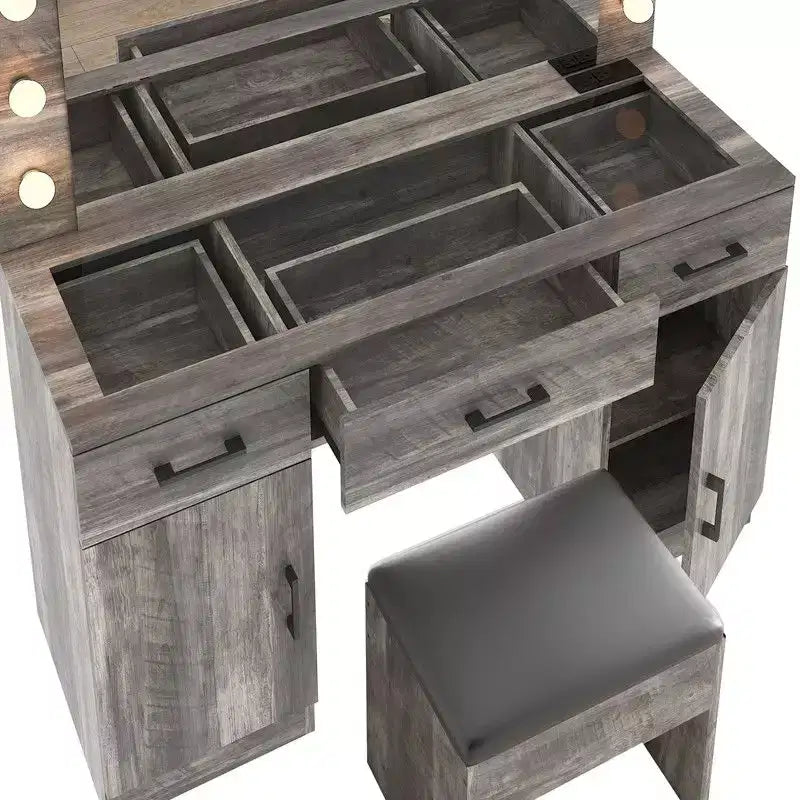 Set Tavolo Trucco Illuminato con Specchio, Cassetti e Stazione di Ricarica