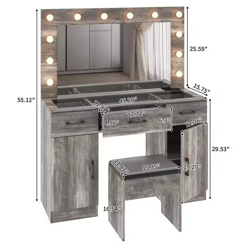 Set Tavolo Trucco Illuminato con Specchio, Cassetti e Stazione di Ricarica