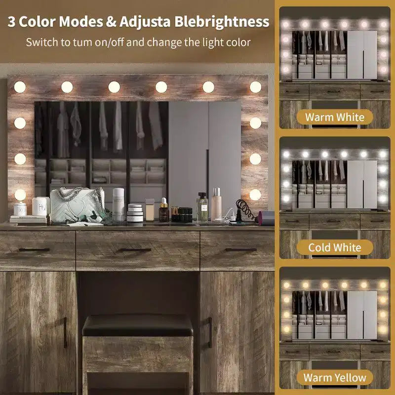 Set Tavolo Trucco Illuminato con Specchio, Cassetti e Stazione di Ricarica