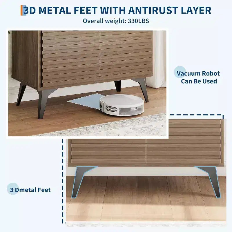 Mobile buffet credenza scanalato da 42" con ripiani aperti, ante e gambe in metallo nero