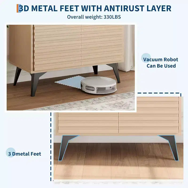 Mobile buffet credenza scanalato da 42" con ripiani aperti, ante e gambe in metallo nero