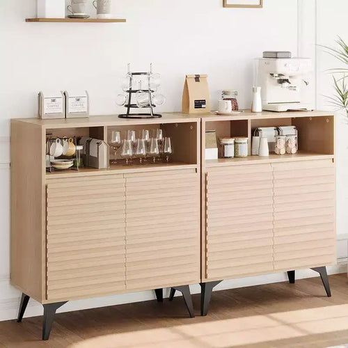Acekool 42 Fluted Sideboard Buffet Cabinet, Mid-Century Storage with Open Shelves & Doors, Black Metal Legs