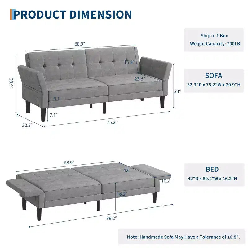 Divano Letto Futon da 89 Pollici con Schienale e Braccioli Regolabili, Divano Convertibile per Soggiorno, Camera da Letto e Appartamenti
