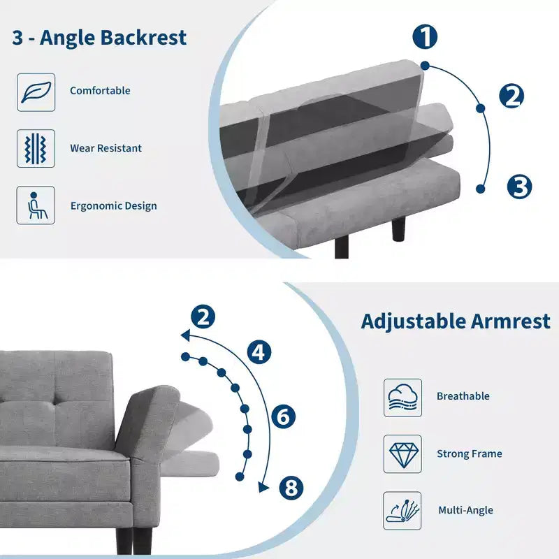 Divano Letto Futon da 89 Pollici con Schienale e Braccioli Regolabili, Divano Convertibile per Soggiorno, Camera da Letto e Appartamenti