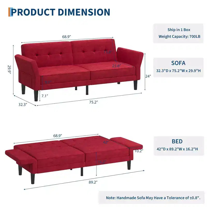 Divano Letto Futon da 89 Pollici con Schienale e Braccioli Regolabili, Divano Convertibile per Soggiorno, Camera da Letto e Appartamenti