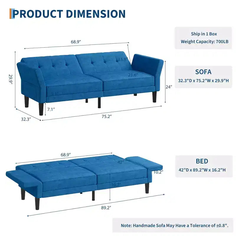 Divano Letto Futon da 89 Pollici con Schienale e Braccioli Regolabili, Divano Convertibile per Soggiorno, Camera da Letto e Appartamenti