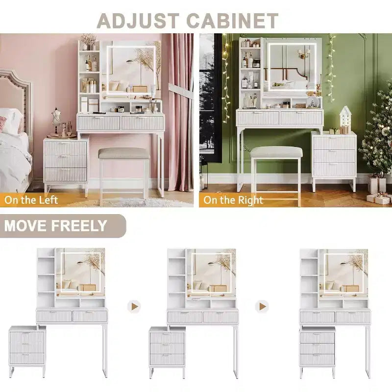 Toeletta Trucco con Specchio Illuminato, 5 Cassetti, Sgabello e Armadietto Laterale