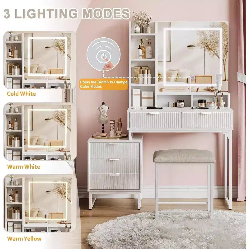 Toeletta Trucco con Specchio Illuminato, 5 Cassetti, Sgabello e Armadietto Laterale