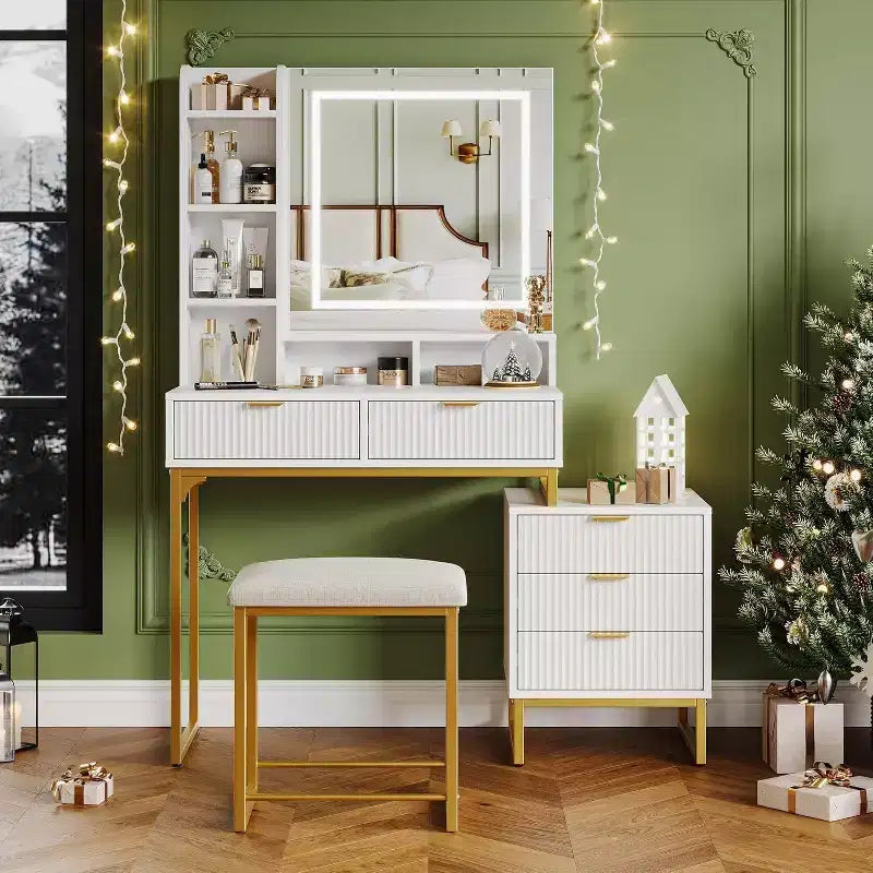 Toeletta Trucco con Specchio Illuminato, 5 Cassetti, Sgabello e Armadietto Laterale