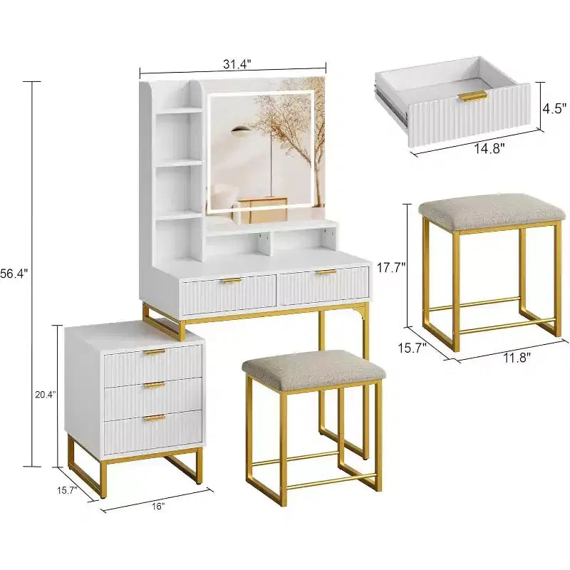 Toeletta Trucco con Specchio Illuminato, 5 Cassetti, Sgabello e Armadietto Laterale