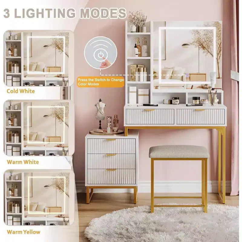 Toeletta Trucco con Specchio Illuminato, 5 Cassetti, Sgabello e Armadietto Laterale