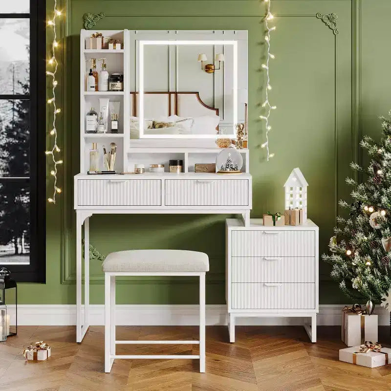 Toeletta Trucco con Specchio Illuminato, 5 Cassetti, Sgabello e Armadietto Laterale