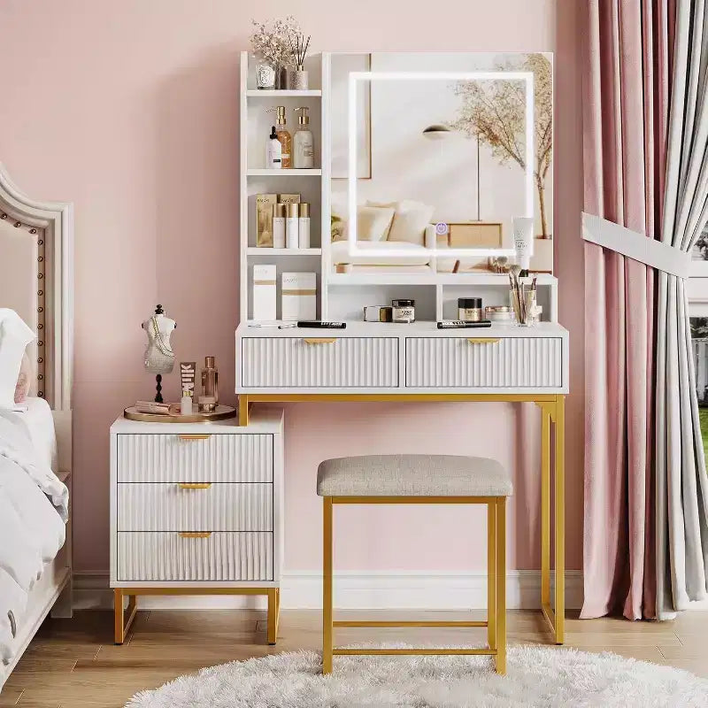 GustoWave Makeup Vanity Desk with Mirror and Lights, Vanity Table with 5 Drawers, Vanity Set with Stool and Removable Side Storage Cabinet for Bedroom