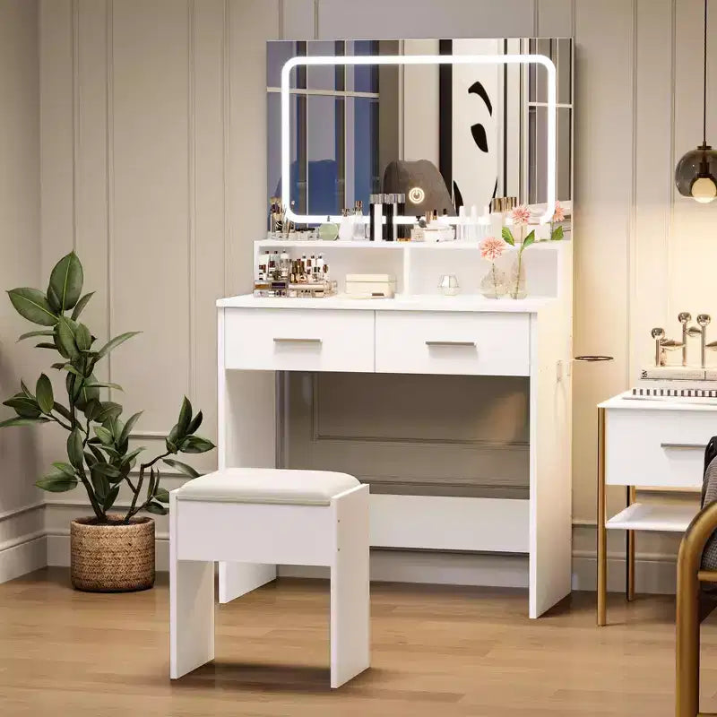 Coiffeuse avec miroir LED réglable 3 couleurs, petite table de maquillage avec prise de courant, 2 tiroirs et tabouret rembourré pour chambre à coucher