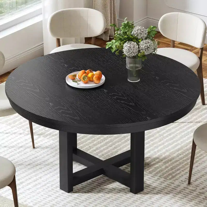 Tavolo da pranzo rotondo in legno massello da 45 pollici con base a croce a X, nero