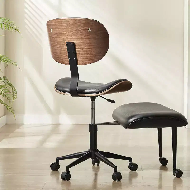 Sedia ergonomica incrociata in pelle PU, con base girevole, ruote e struttura in legno curvato – Supporto lombare per ufficio, yoga e meditazione