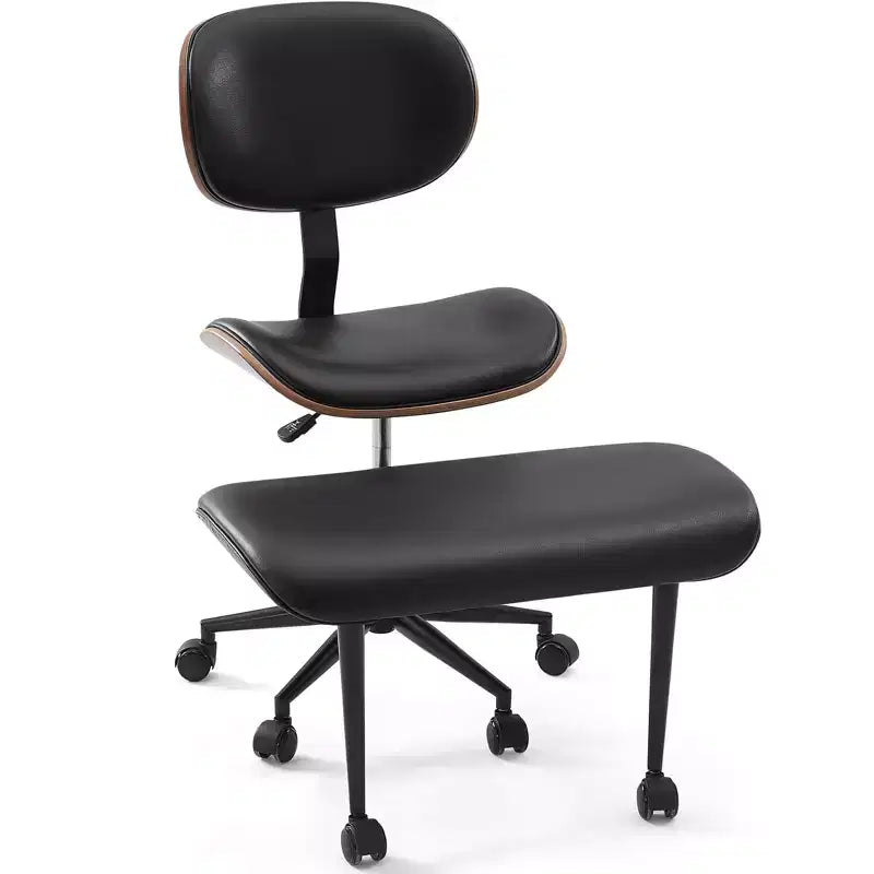 Sedia ergonomica incrociata in pelle PU, con base girevole, ruote e struttura in legno curvato – Supporto lombare per ufficio, yoga e meditazione